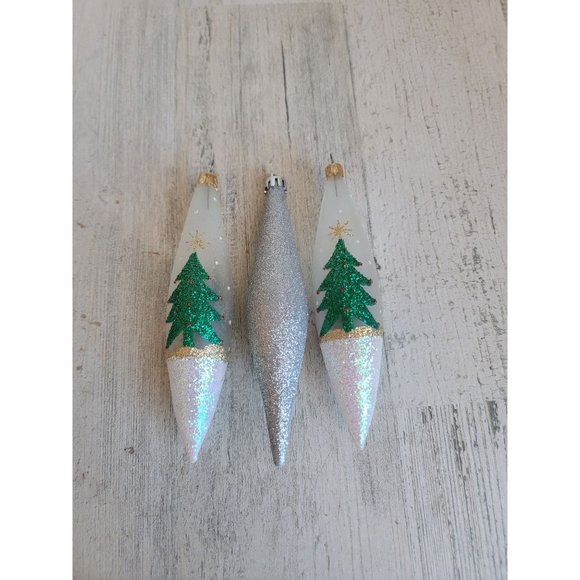 Glitter tree long glass ornament set Xmas snow - Picture 2 of 7